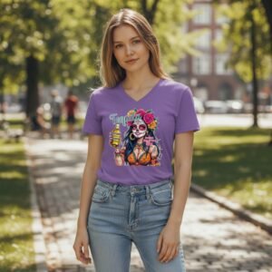 Woman wearing a V-neck graphic t-shirt with a sugar skull and tequila-inspired illustration.