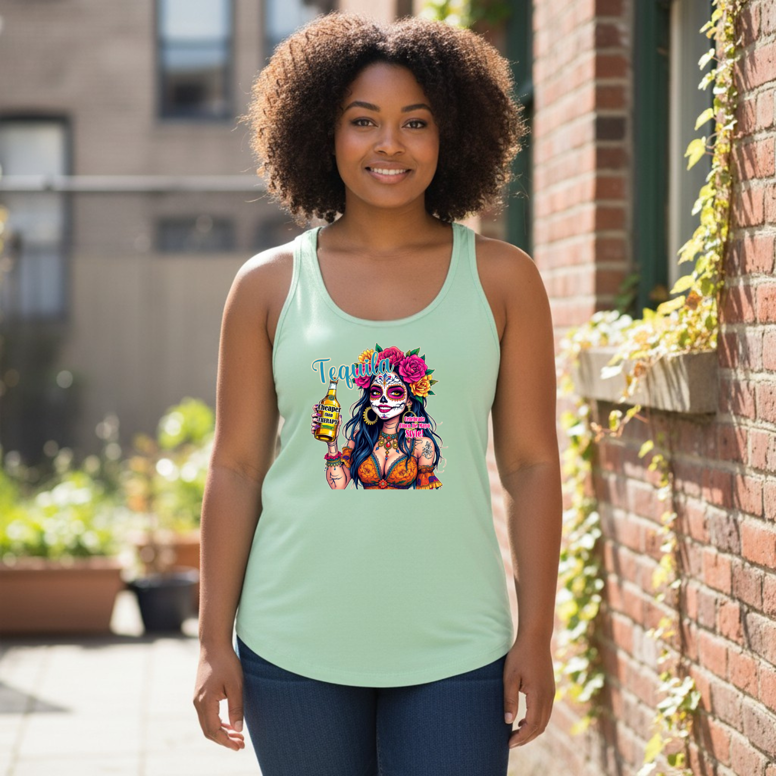CincoDeMayoTank Racerback tank with sugar skull woman holding tequila bottle