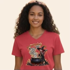 Woman wearing a V-neck graphic t-shirt with a witch brewing a cauldron illustration.