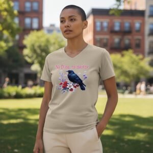 Men’s V-neck T-shirt featuring a raven and floral graphic with the text “Ni Dieu, ni maître.”