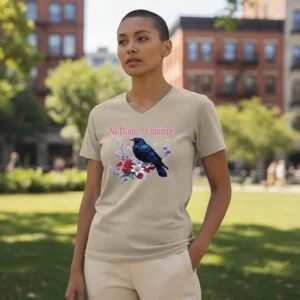 Men’s V-neck T-shirt featuring a raven and floral graphic with the text “Ni Dieu, ni maître.”