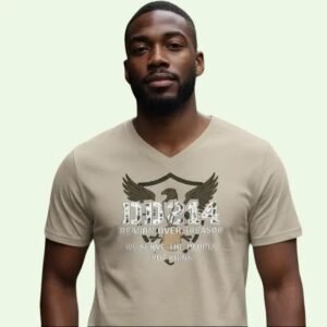 Men’s V-neck T-shirt featuring a shield-style eagle emblem and DD214 text.