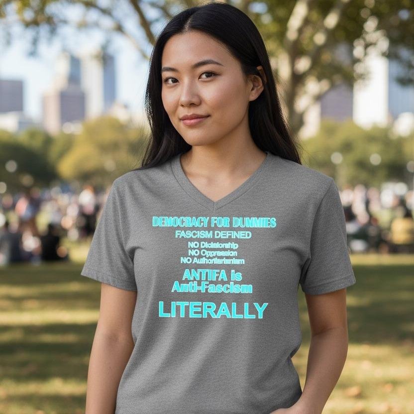 Democracy For Dummies Unisex V-neck graphic t-shirt with centered text design and modern fit