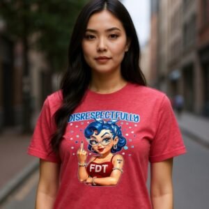 Disrespectfully FDT graphic tee featuring a bold illustrated character with confident attitude
