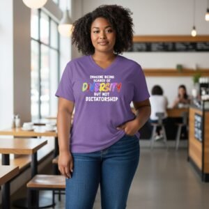 Unisex V-neck graphic t-shirt with centered typographic message design