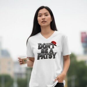 Unisex V-neck graphic t-shirt with centered typographic design and small graphic detail