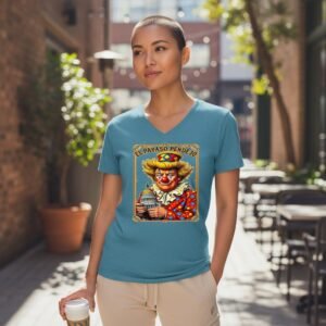 Unisex graphic t-shirt featuring a detailed vintage poster-style illustrated character design