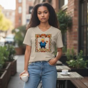 Unisex graphic t-shirt featuring an ornate framed illustration in a vintage poster style