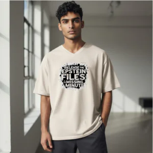 V-neck graphic t-shirt featuring distressed typography with a bold statement message.