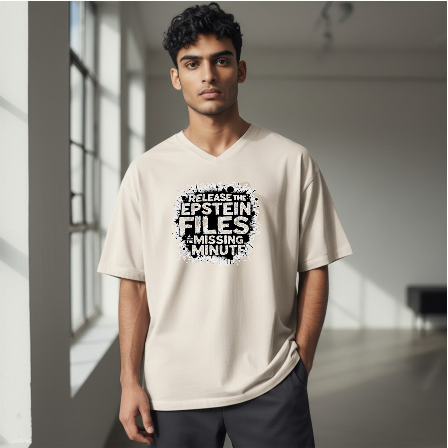 EpstienFiles V-neck graphic t-shirt featuring distressed typography with a bold statement message.