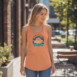 Racerback tank with equality message and decorative arched floral design