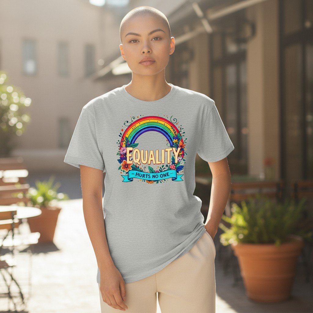 EqualityHurtsNoOne Graphic t-shirt featuring the word equality with decorative elements and the phrase hurts no one.
