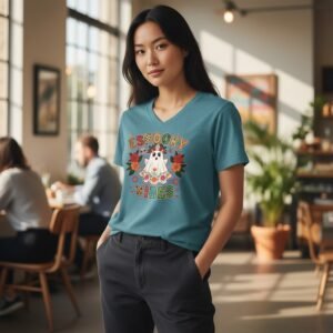V-neck graphic t-shirt featuring a cute ghost with floral decorations and the phrase spooky vibes.