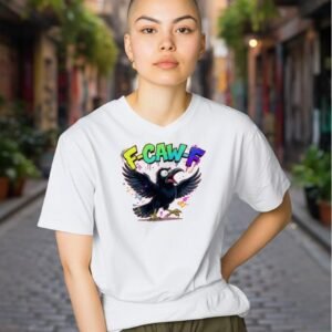 Graphic t-shirt featuring a cartoon crow with wings spread and the phrase “F-Caw-F”