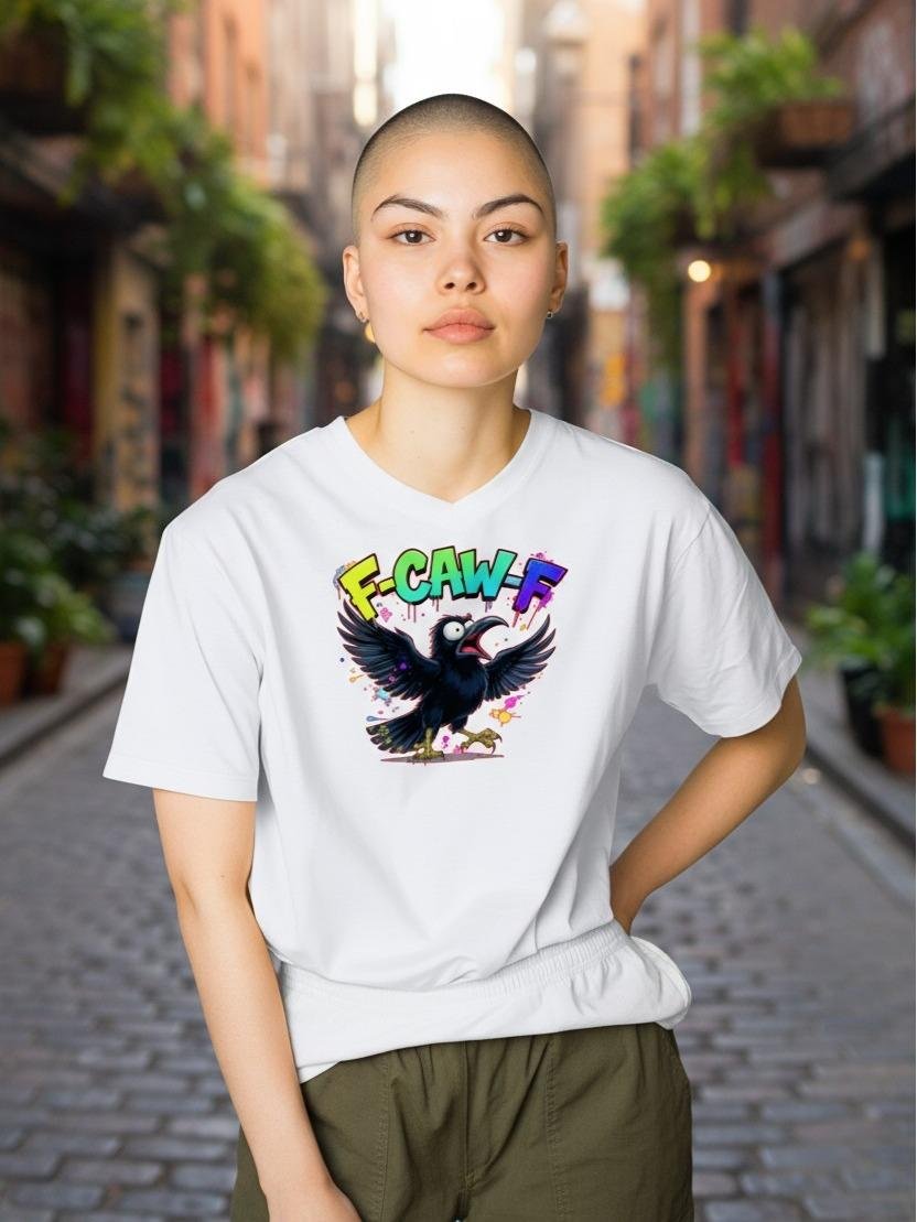 F-Caw-F Graphic t-shirt featuring a cartoon crow with wings spread and the phrase “F-Caw-F”