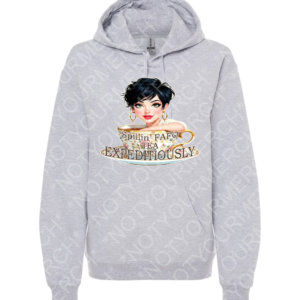 Unisex pullover hoodie featuring a stylized illustrated figure in a teacup with the text “Spillin’ FAFO Tea Expeditiously.”