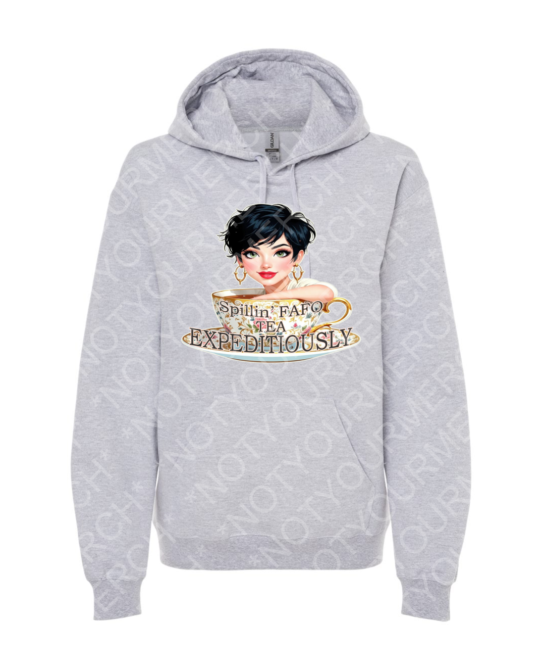 FAFOTeaExpeditiouslyHoodieAthletic Unisex pullover hoodie featuring a stylized illustrated figure in a teacup with the text “Spillin’ FAFO Tea Expeditiously.”