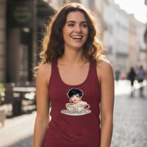 Fitted racerback tank top worn by a model featuring a Spill the Tea illustrated graphic.