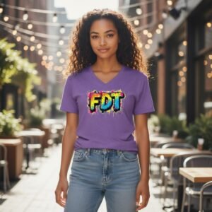 Graffiti-style FDT lettering graphic printed on a short-sleeve t-shirt