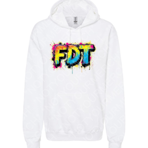 Unisex pullover hoodie featuring large graffiti-style text reading “FDT” with paint splatter details.
