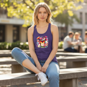 Racerback tank featuring a colorful butterfly surrounded by vibrant wildflowers