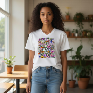 T-shirt featuring a detailed floral collage graphic with integrated statement text on the front