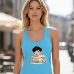 Relaxed racerback tank top featuring a Spill the Tea illustrated design on the front.