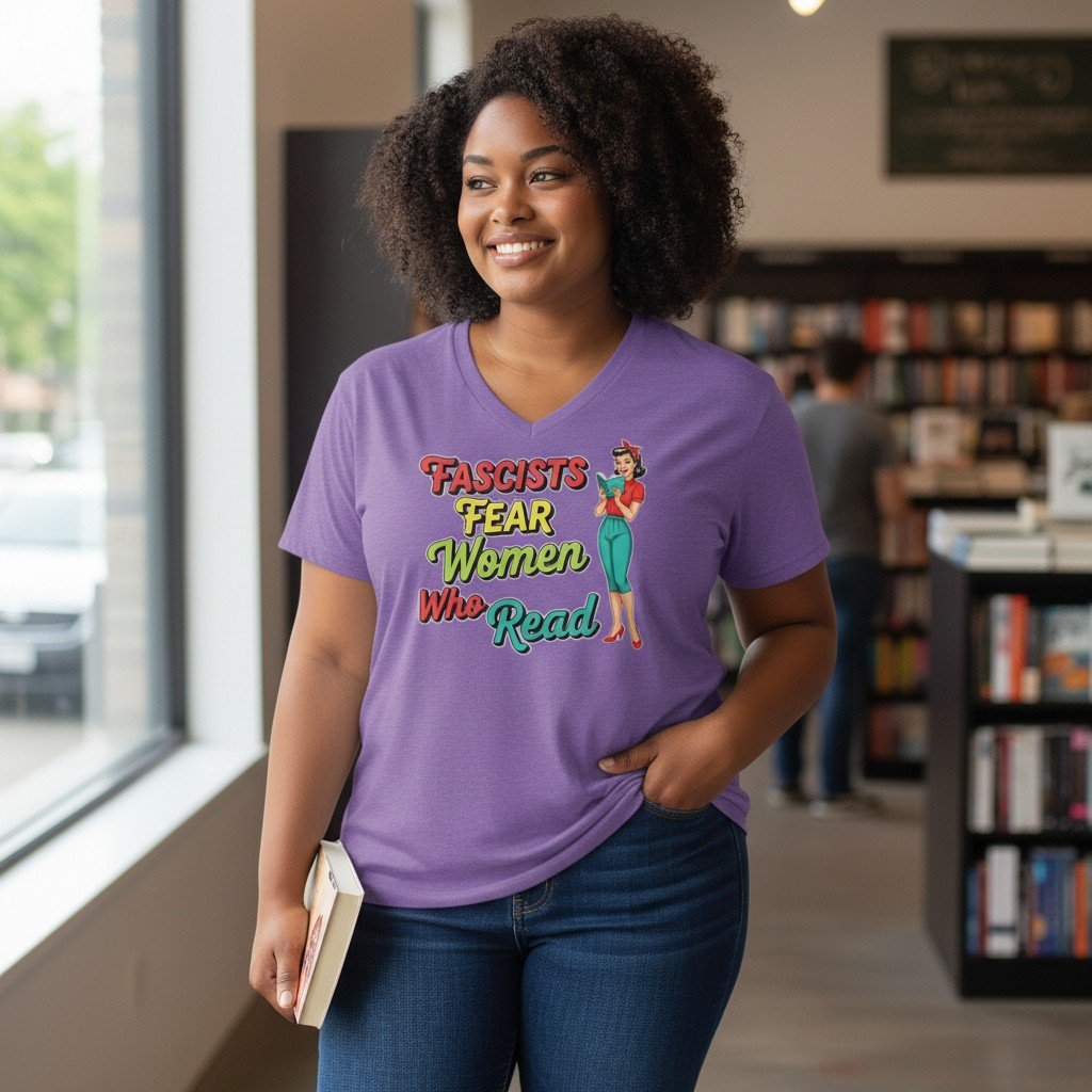 Facists Fear Women Who Read (1) Graphic t-shirt with the phrase “Fascists Fear Women Who Read” and an illustrated woman holding a book