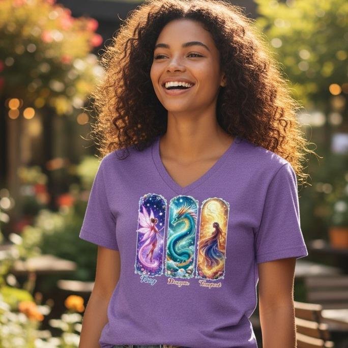 Fairy Dragon Tempest Fantasy graphic t-shirt featuring three illustrated panels with a fairy, a dragon, and an elemental figure