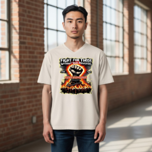 Statement graphic V-neck t-shirt with raised fist design and bold message