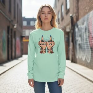 Long sleeve shirt featuring illustrated hands flipping the middle finger with the phrase “Fuck ICE.”
