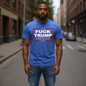T-shirt featuring a bold political statement text graphic displayed on the front