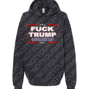 Unisex pullover hoodie featuring bold text reading “Fuck Trump & Fuck You For Voting For Him” in a boxed statement design.