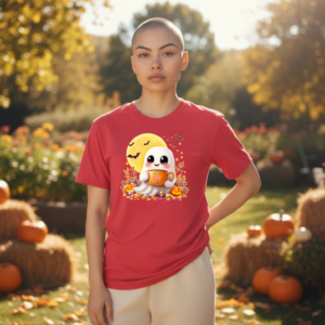 T-shirt featuring a cute ghost Halloween illustration with playful text on the front
