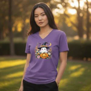 T-shirt featuring a cute ghost dressed as a witch with a Halloween-themed illustration on the front