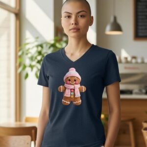 T-shirt featuring a cute gingerbread character wearing winter accessories on the front