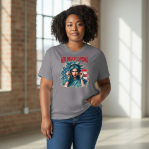T-shirt featuring a bold illustrated empowerment graphic with confident statement text on the front