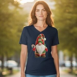 T-shirt featuring a cute holiday gnome illustration centered on the front