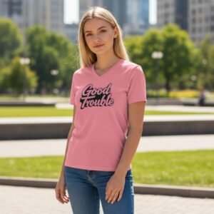 T-shirt featuring a Good Trouble statement graphic centered on the front