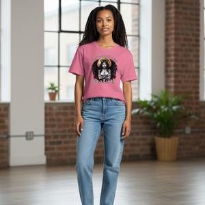 Woman wearing a Gothic Lilith–inspired political graphic t shirt with an illustrated portrait