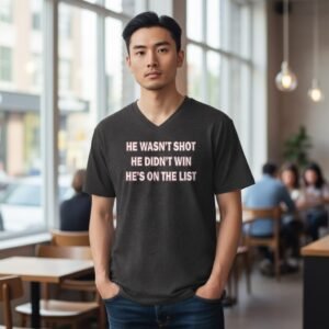 Graphic t-shirt featuring the text “He Wasn’t Shot. He Didn’t Win. He’s on the List” in bold lettering.