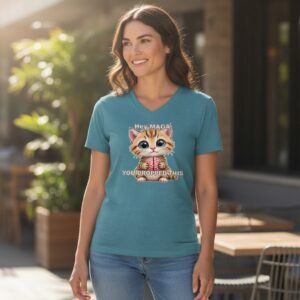 Graphic t-shirt featuring a cartoon kitten holding an object with the text “Hey MAGA, You Dropped This.”