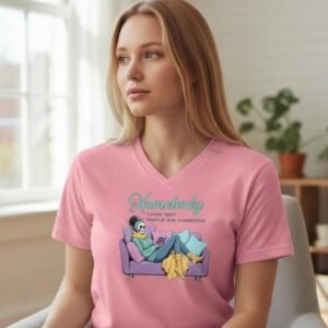 Graphic t-shirt featuring an illustrated relaxed figure on a couch with the text “Homebody Because Most People Are Overrated.”