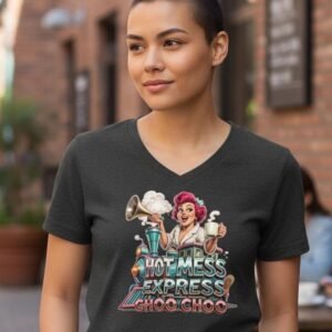 graphic t-shirt featuring a playful illustrated Hot Mess Express design.