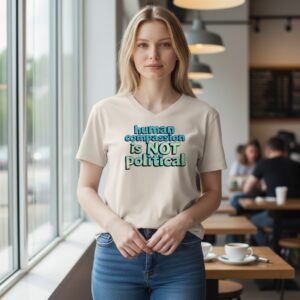 Graphic t-shirt featuring the phrase “Human Compassion Is Not Political” in bold lettering.