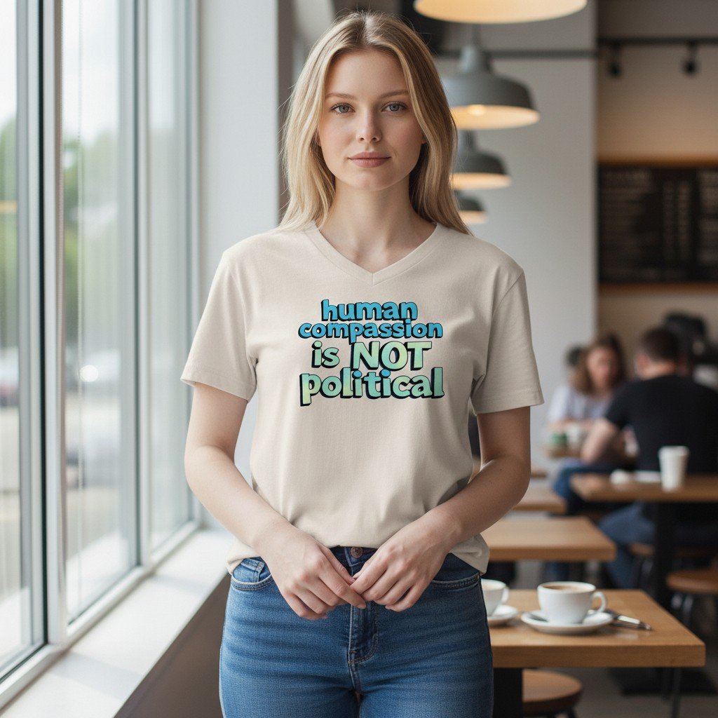 HumanCompassion Graphic t-shirt featuring the phrase “Human Compassion Is Not Political” in bold lettering.