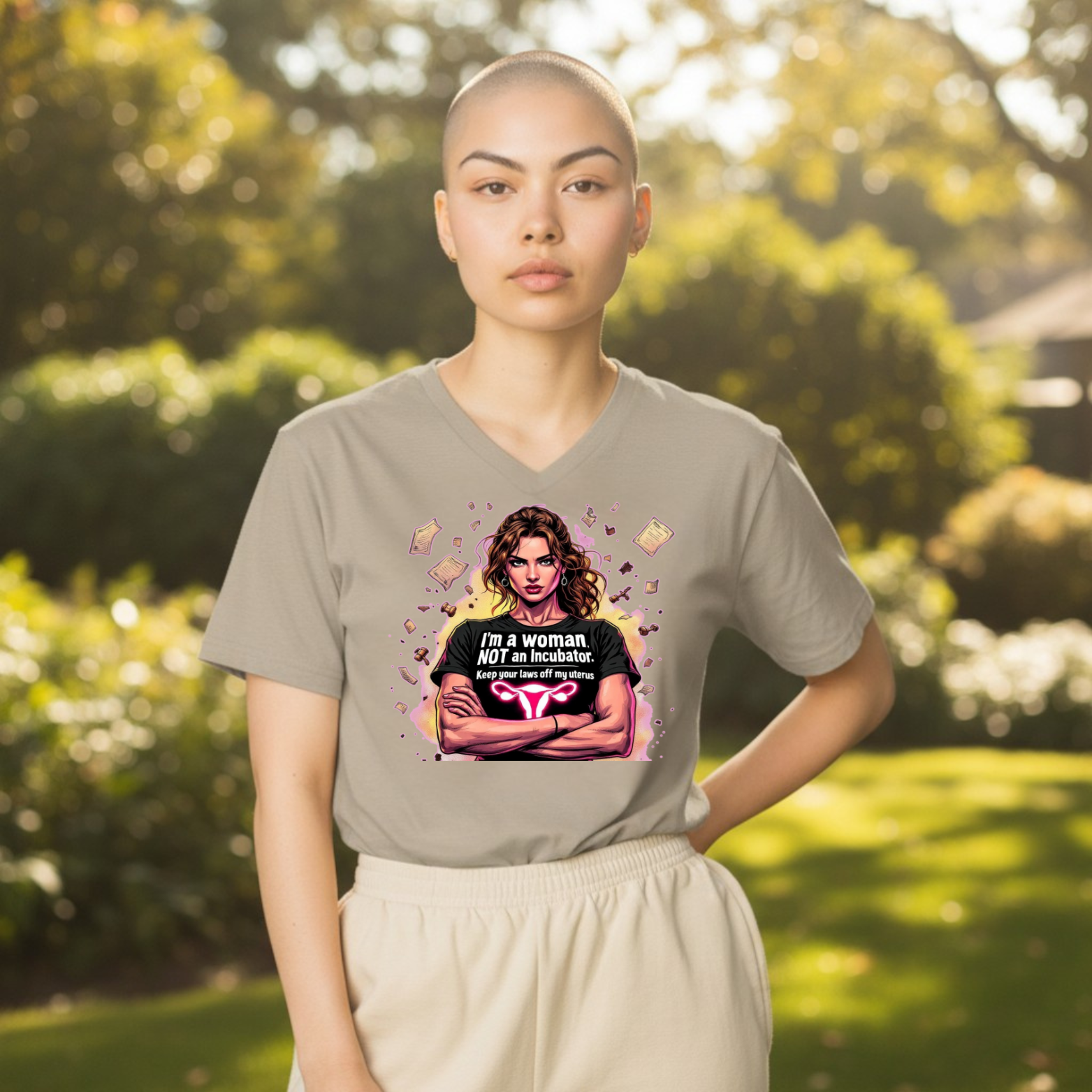 IAmAWoman Graphic t-shirt featuring an illustrated woman with a bold pro-choice statement about bodily autonomy.