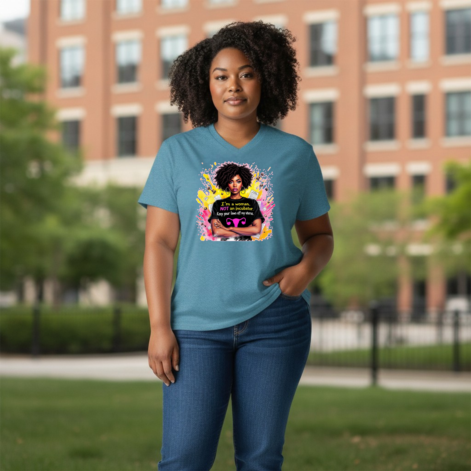 IAmWomanAA Graphic t-shirt featuring an illustrated woman with an empowering pro-choice statement.