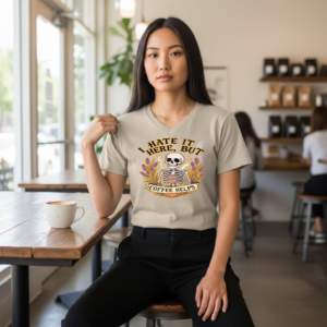 Graphic t-shirt featuring a skeleton illustration and the phrase “I Hate It Here, But Coffee Helps.”