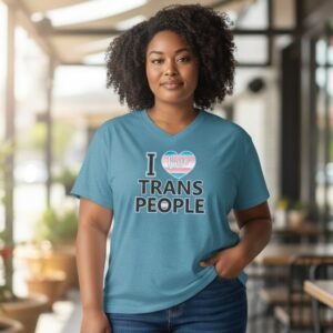 Graphic t-shirt featuring an affirming message with a heart symbol inspired by trans pride.